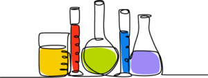 Illustration showing various test tubes holding colourful liquids. Experiments. 