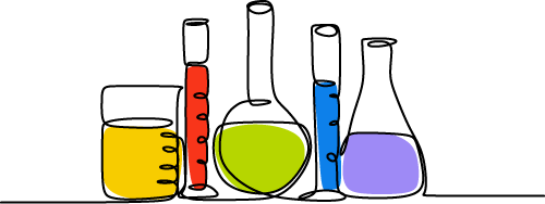 Illustration showing various test tubes holding colourful liquids. Experiments.