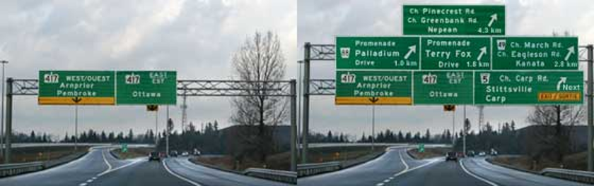A few navigational options, as on the highway sign on the left, are all that is needed when moving quickly.